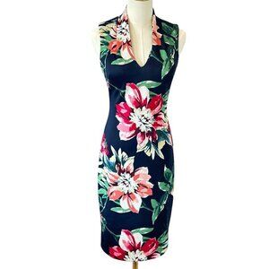 Vince Camuto Navy Floral V-Neck Midi Pencil Cocktail Women's Dress Size 0